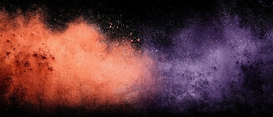 An abstract dust explosion bursts across the dark void with orange and purple color gradients in a dynamic cosmic display on black background.