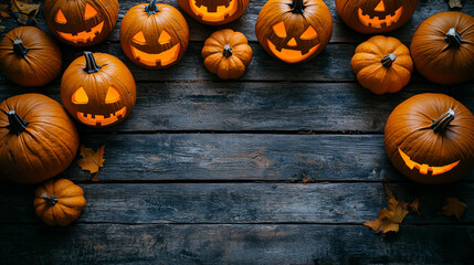 A festive arrangement of Halloween pumpkins with carved faces, creating a spooky atmosphere on a wooden background.
