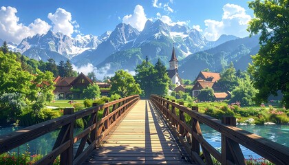 Fototapeta premium A picturesque wooden bridge spanning a tranquil river, leading to a charming village nestled amongst towering snow-capped mountains under a vibrant, sunny sky.