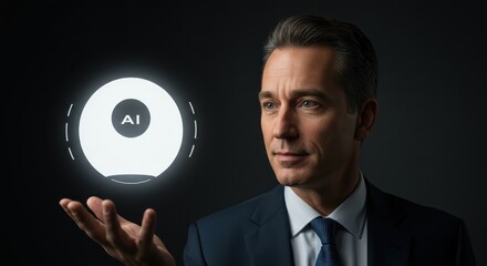 Businessman Presenting AI Concept: Futuristic Tech, Glowing Sphere, Dark Background.