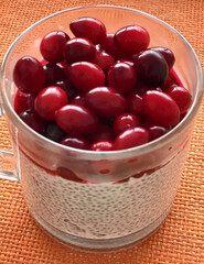 A lot of healthy Chia pudding with coconut milk in a glass containers can with fresh berries as cranberries, cranberry