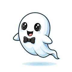 Fototapeta premium A cute, cartoon-style ghost with big, sparkly eyes and a black bowtie, floating happily.