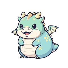Chubby cartoon dragon with light blue scales, small wings, and a happy expression.