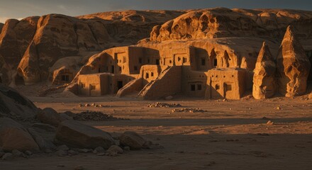 Ancient dwellings carved into sandstone cliffs at golden hour