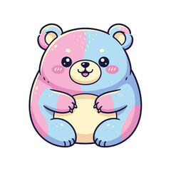 Fototapeta premium A cute kawaii cartoon bear with a split-color design of pastel pink and blue, sitting on a white background.
