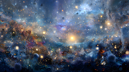 A cosmic scene of the early universe with stars of wildly different sizes and luminosities, breaking the mold of uniformity