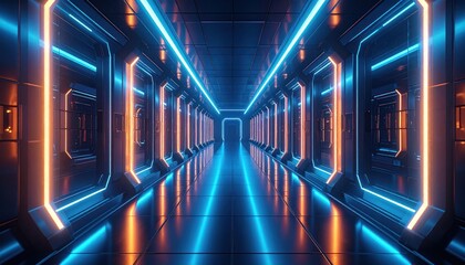 Futuristic corridor interior with neon lights with blue and orange.