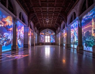 古典建築×デジタルアートの融合　投影イベント空間高級感のある室内会場・展示・プロモに最適素材背景向け