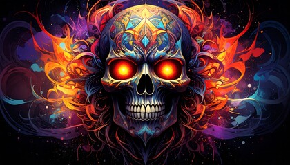 Ornate skull with vibrant flames and colorful details