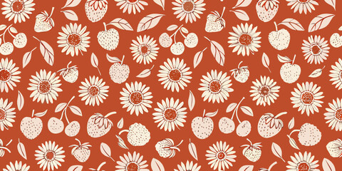 Charming hand drawn strawberry cherry and daisy floral pattern on terracotta background