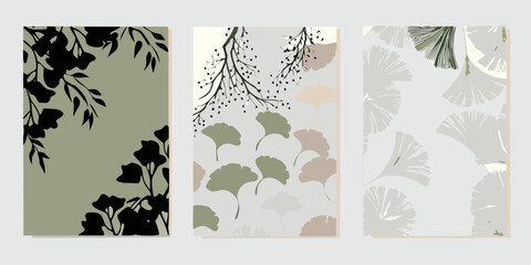Set of three abstract botanical illustrations featuring ginkgo leaves and branches in muted earth tones