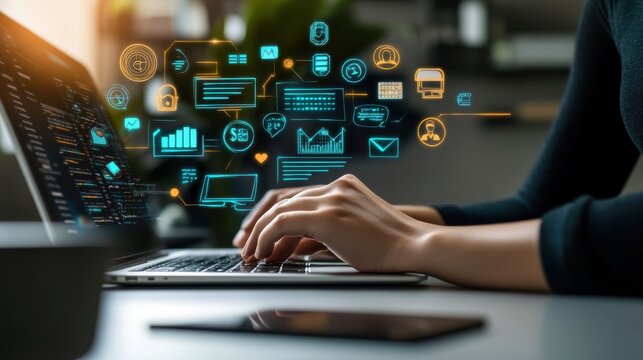 SEO strategies on a whiteboard, with icons representing career opportunities in the background on blurred background