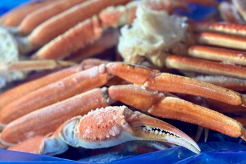 Frozen king crab claws in the freezer for sale in the supermarket. Delicatessen meat for a healthy diet