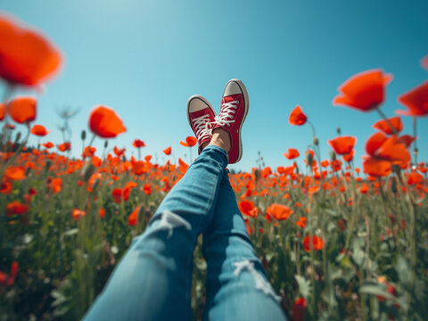 Red sneakers raised above a poppy meadow under clear blue sky; carefree summer lifestyle with dreamy bokeh.