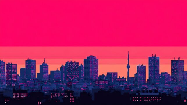 A vibrant pixel art city skyline shines with neon colors against a stunning pink sunset in this retro digital landscape illustration. - Powered by Adobe