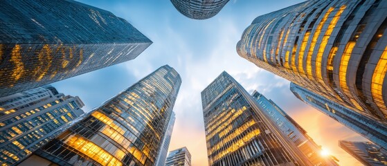 Looking up at modern skyscrapers reflecting the sunlight against a cloudy blue sky in a bustling downtown urban business district.