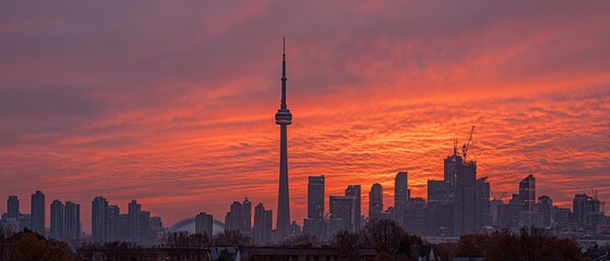 The dramatic sunrise over Toronto's skyline paints the sky with vibrant colors, casting a warm glow on the iconic tower and buildings.
