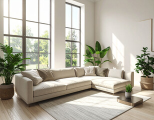 Fototapeta premium Modern Living Room with Large Windows and Indoor Plants. A stylish living room interior with a beige sectional sofa, neutral decor, and lush indoor plants. Sunlight streams through tall windows.
