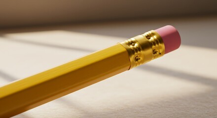 Close-up of a yellow pencil with a pink eraser and gold ferrule on a textured surface
