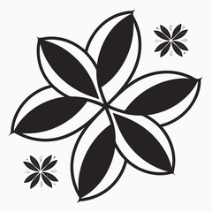 Abstract black and white floral mandala design with symmetrical petals and smaller decorative elements on a white background representing nature and art