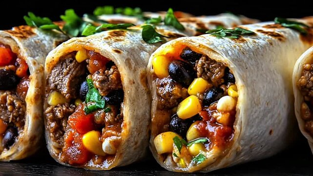 close up of beef and bean burritos with corn and salsa, traditional mexican food with homemade beef burritos, row of delicious wraps with a black background

