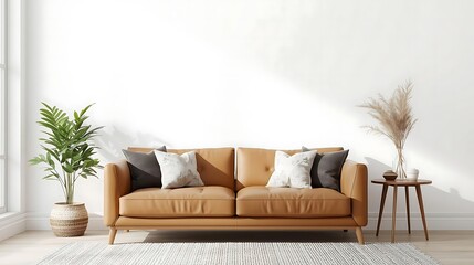 Interior living room wall mockup with leather sofa and decor on white background.