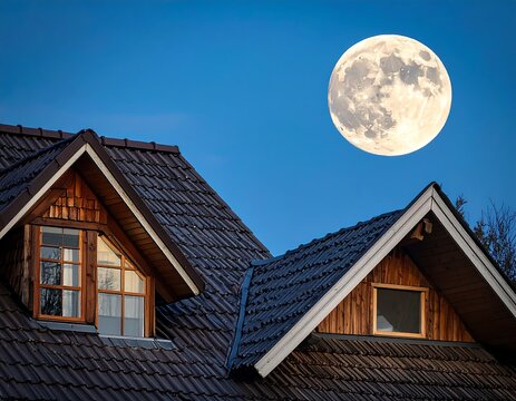 A full moon over a house with dormer windows