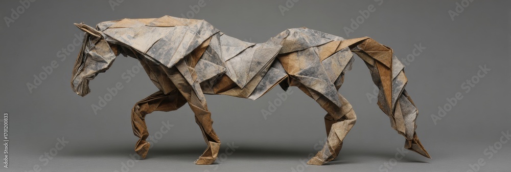 Poster Intricate Origami Horse Crafted From Patterned Paper Displayed on a Neutral Background Emphasizing Art and Skill in Paper Folding
