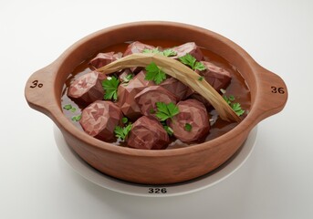Stylized low poly stew in wooden bowl features brown chunks and green herbs over white background