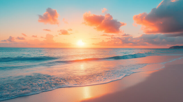 Seaside Sunset with Beach and Clouds, Romantic Scene for Poster, Wallpaper, and Tourism Promotion