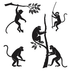 Collection of black silhouette monkeys in various dynamic poses climbing trees and branches illustrating playful jungle wildlife and primate behavior in a stylized graphic art style