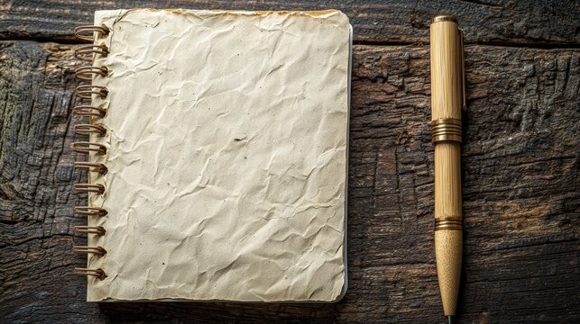 Notebook and pen on a rustic wooden table
