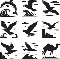Obraz premium Marine Life and Birds of Prey Silhouette Icons Keywords: dolphin, wave, ocean, sea, water, eagle