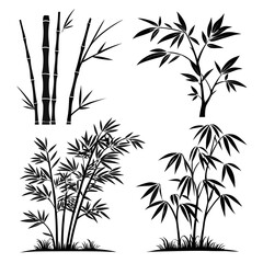 Collection of black bamboo silhouettes isolated on white background in various arrangements showcasing stems leaves and grass elements for design and decoration