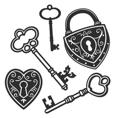 Collection of antique and ornate keys and padlocks in silhouette representing security mystery and vintage charm