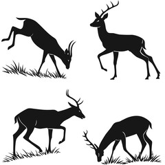 Collection of four black silhouette deer and antelope illustrations in various poses on white background with grass elements