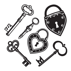 Collection of vintage ornate keys and heart shaped locks in black silhouette on a white background representing security love and mystery