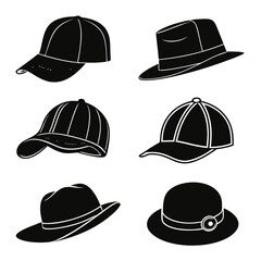 Collection of black silhouette icons representing different types of hats including baseball caps fedoras and a cloche hat on a white background
