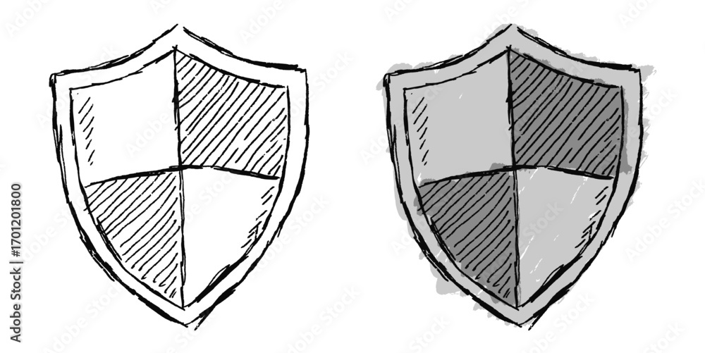 Poster grunge sketch hand-drawn shield vector. ideal for adding a raw, textured feel to security and protec