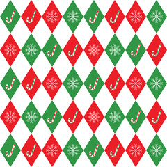Seamless argyle pattern with white snowflakes and candy canes.Colorful harlequin repeat pattern in green and red for Christmas.Winter vector graphic background for textile and prints.