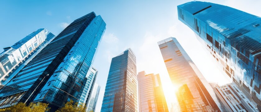 A low angle shot shows multiple glass skyscrapers reaching toward a sunny blue sky within a thriving metropolitan financial district landscape. - Powered by Adobe