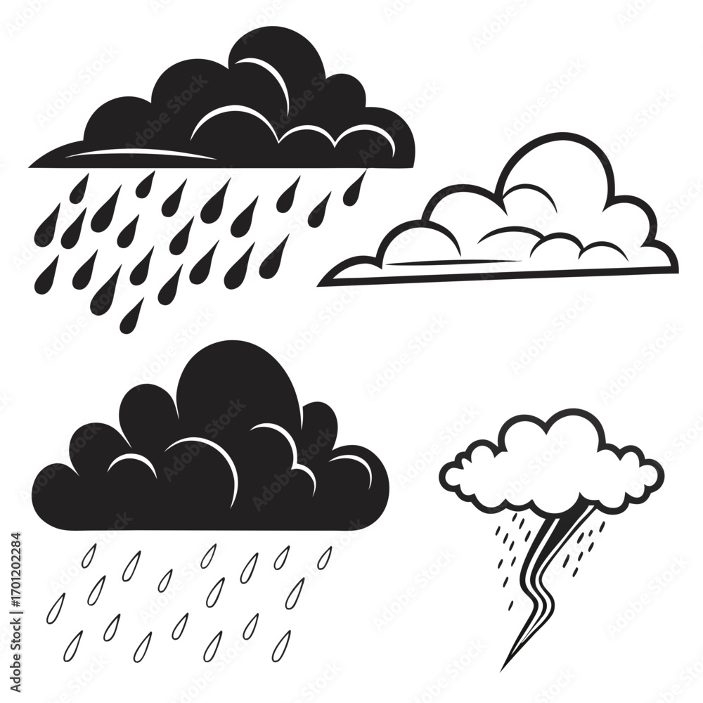 Poster collection of stylized weather icons featuring rain clouds a lightning storm cloud and a simple clou
