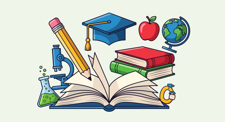 Hand drawn illustration of education and learning symbols.