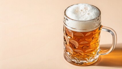 A mug of frothy beer sits on a light-colored surface with a copy space. This image is suitable for websites and blogs related to breweries, restaurants, bars, and food and drink.  