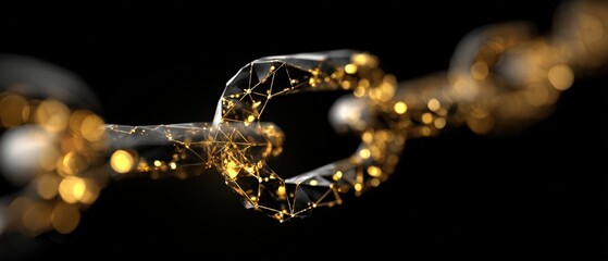 A glowing digital chain link is rendered against a stark black background emphasizing secure connection and advanced technology applications.