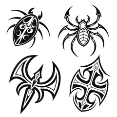 Collection of four black tribal insect and abstract designs featuring a beetle spider winged creature and ornate shield like emblem on a white background