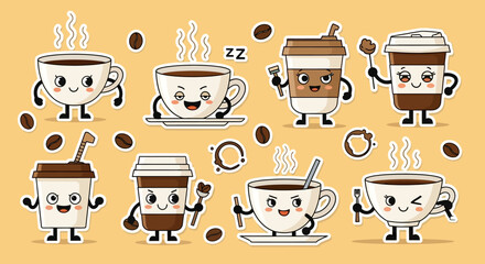 Set of Cute Kawaii Coffee Cup and Mug Characters.
