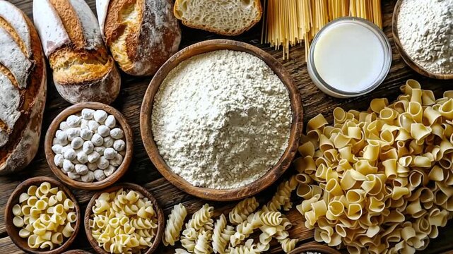 assortment of carbohydrate food staples on a wooden table, baking and cooking ingredients with flour pasta and bread, flat lay of gluten food products and allergens

