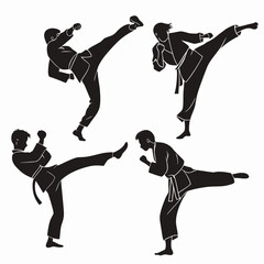 Dynamic silhouettes of martial artists in action showcasing powerful kicks and defensive stances representing strength discipline and the art of combat in a clean graphic style
