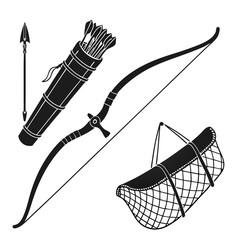 Black silhouette graphic of a bow and arrow set including a quiver of arrows a spear and a netted quiver for arrows on a white background